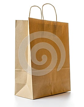 Brown paper bag texture. Kraft recycle package with empty blank space for design mockup isolated on white background
