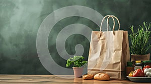 A brown paper bag with vegetables and bread on a table