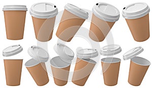 Brown paper coffee cups with white lid. Open and closed disposable paper cup realistic mockup. 3D rendered image.