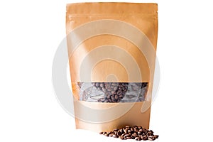 Brown paper doypack stand up pouch with window zipper filled with coffee beans on white background