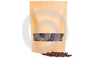 Brown paper doypack stand up pouch with window zipper filled with coffee beans on white background