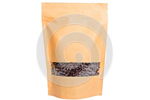 Brown paper doypack stand up pouch with window zipper filled with coffee beans on white background