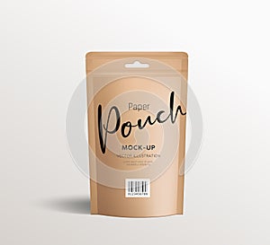 Brown paper kraft pouch bags, front view packaging mock up template design, on white background