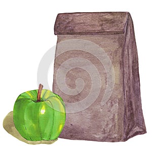 Brown paper Lunch bag with green apple.