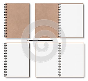 Brown paper notebook with black metal spiral on left and wooden pencil