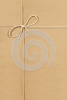 Brown paper parcel background tied with string, vertical, copy space