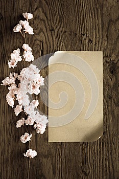 Brown paper and pink flowers on wooden background,filter effect