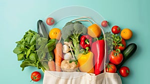 A brown paper shopping bag, filled to the top with varieties of fruit, on a light surface