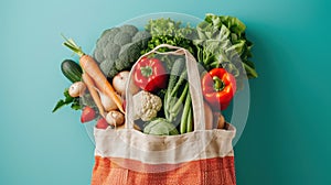 A brown paper shopping bag, filled to the top with varieties of fruit, on a light surface