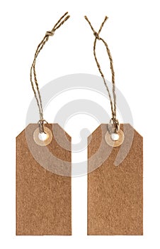 Brown paper tag with string isolated on white