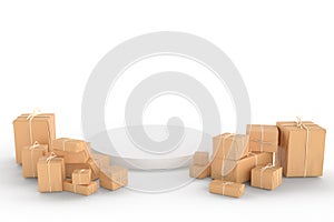 Brown parcel box and white podium stage display composition 3d render illustration