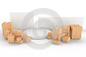 Brown parcel box and white podium stage display composition 3d render illustration