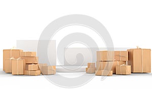 Brown parcel box and white podium stage display composition 3d render illustration