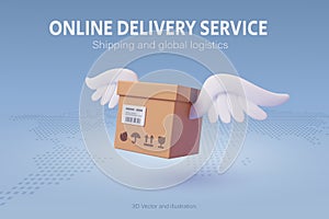 Brown parcel cardboard box fly over the world map, online delivery service or shipping and global logistic concept, quick and fast