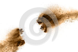 Brown particles splattered on white background.