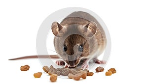 brown pet mouse eating a raisin  on white