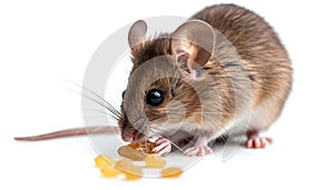 brown pet mouse eating a raisin  on white