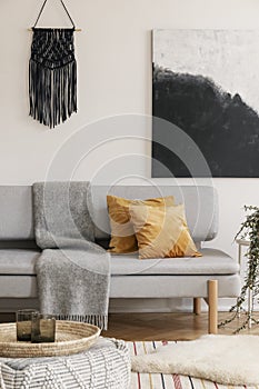 Brown pillows and blanket on grey sofa in natural living. Real photo