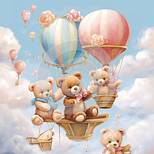 Brown Pink Sky Blue wit teddy bears and hot air balloons Generative AI