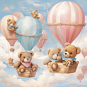 Brown Pink Sky Blue wit teddy bears and hot air balloons Generative AI