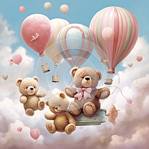 Brown Pink Sky Blue wit teddy bears and hot air balloons Generative AI