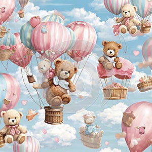 Brown Pink Sky Blue wit teddy bears and hot air balloons Generative AI