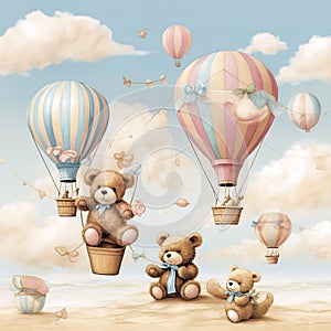 Brown Pink Sky Blue wit teddy bears and hot air balloons Generative AI