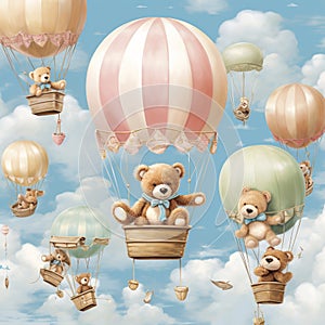 Brown Pink Sky Blue wit teddy bears and hot air balloons Generative AI