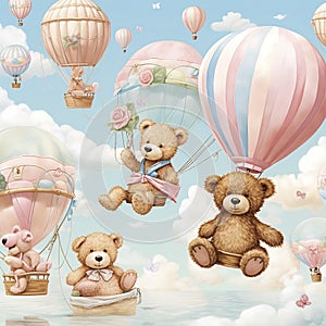 Brown Pink Sky Blue wit teddy bears and hot air balloons Generative AI