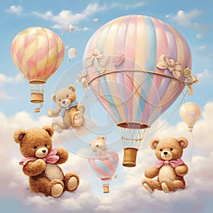 Brown Pink Sky Blue wit teddy bears and hot air balloons Generative AI
