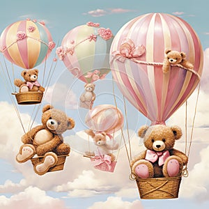 Brown Pink Sky Blue wit teddy bears and hot air balloons Generative AI