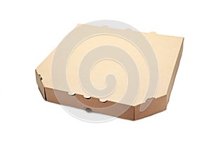 Brown pizza box isolated on white background. Top view