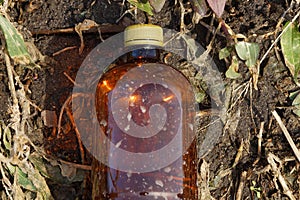 Brown plastic bottle litter on the ground and grass