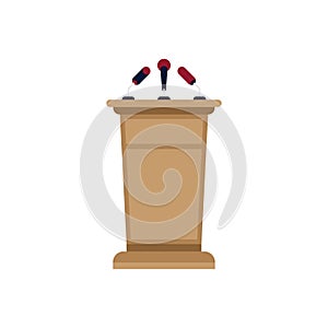 Brown podium with microphones. Wooden for conference and interview. Flat vector illustration EPS 10
