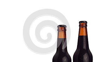 Brown porter beer in bottles with water drops isolated on white background.