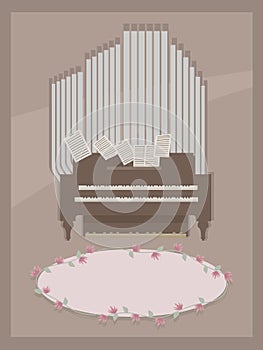 Brown postcard with small room organ wooden brown and gray with two keyboards for hands, pages with notes and pink floral oval for