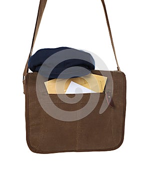 Brown postman bag with mails and hat on white background