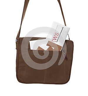 Brown postman bag with mails and newspaper on white background