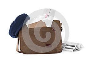 Brown postman bag with mails, newspapers and hat on white background