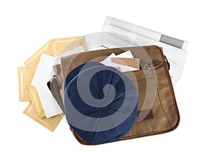 Brown postman bag with mails, newspapers and hat on white background, top view