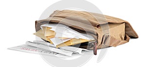 Brown postman bag with mails and newspapers on white background