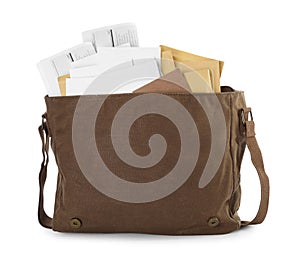 Brown postman bag with mails and newspapers on white background