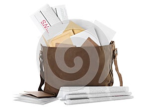 Brown postman bag with mails and newspapers on white background