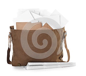 Brown postman bag with mails and newspapers on white background