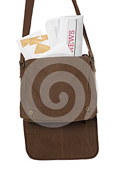 Brown postman bag with mails and newspapers on white background