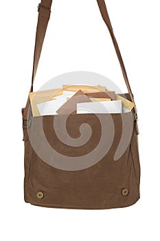 Brown postman bag with mails on white background