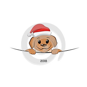 Brown puppy in christmas hat. Cute dog in cartoon style. Symbol 2018 New Year. Happy doggy on white background