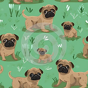 Brown puppy pug on the green background. Seamless pattern