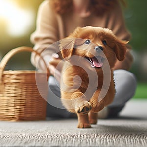 brown puppy running happily with his owner