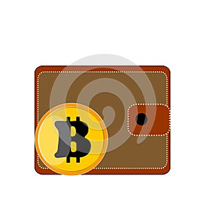 Brown purse portmouth on white background with coin bitcoin